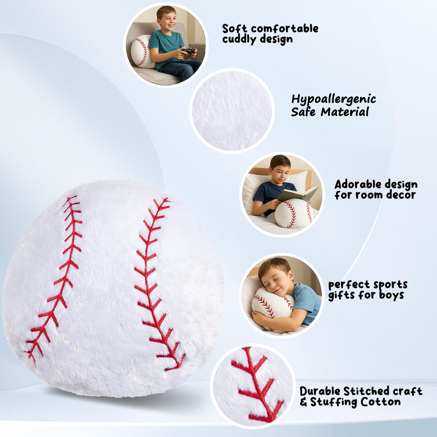CatchStar baseball pillow uses hypoallergenic materials for daily use.