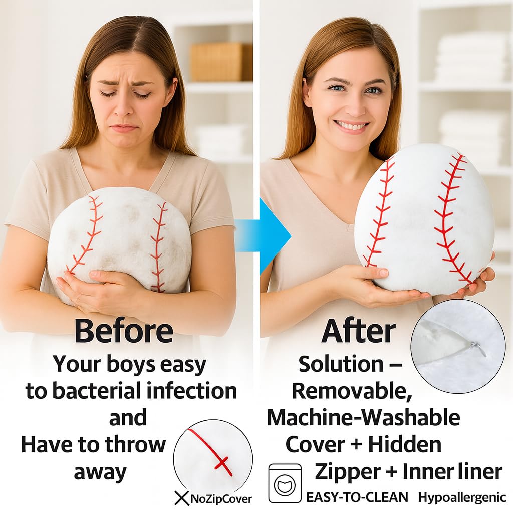 CatchStar baseball pillow machine-washable cover simplifies cleaning for parents.