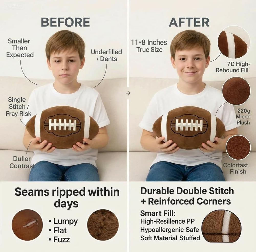 CatchStar football plush pillow on bed, enhances sports-themed room decor
