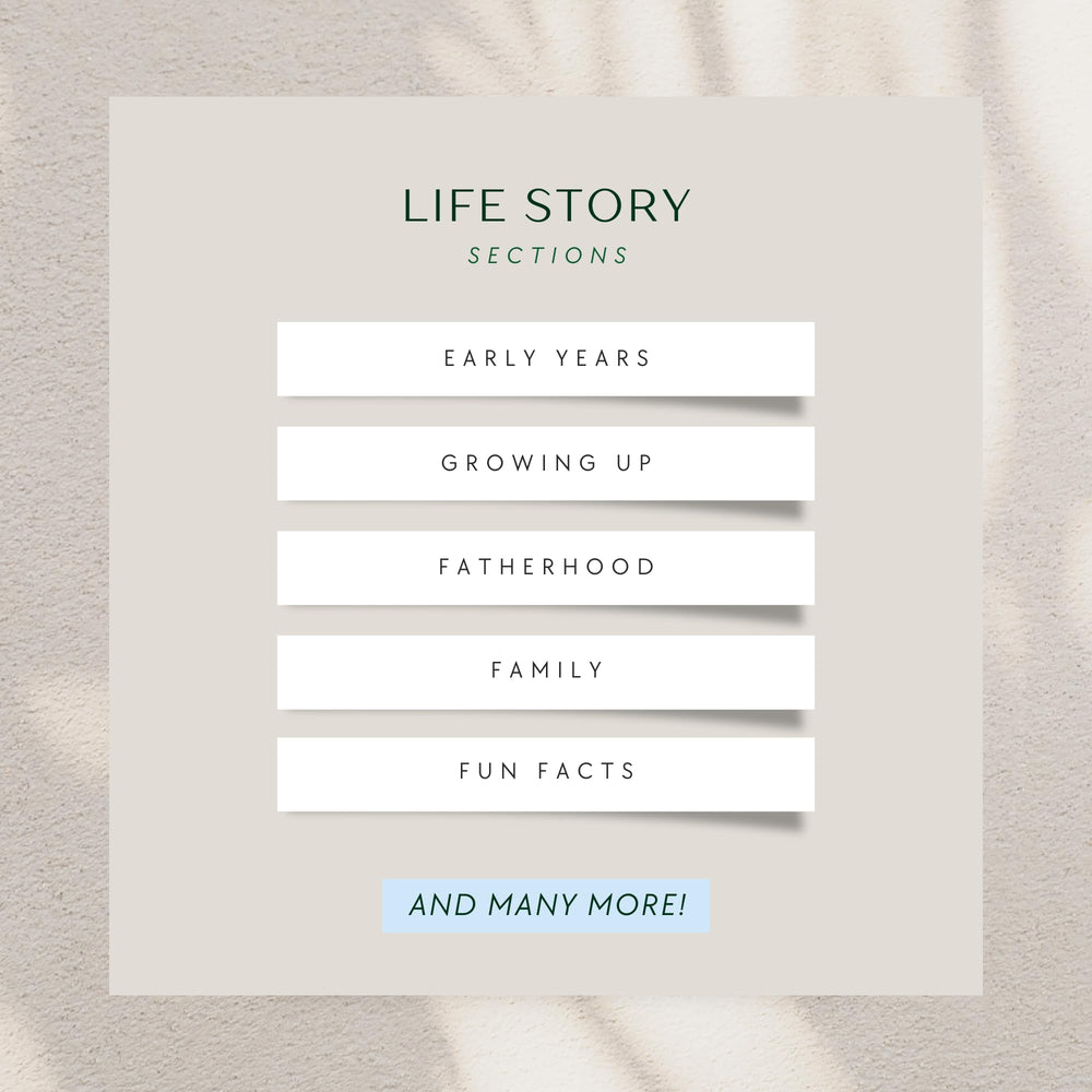 CatchYourDreams Dad's Life Story Journal open pages showcasing prompts guiding memories