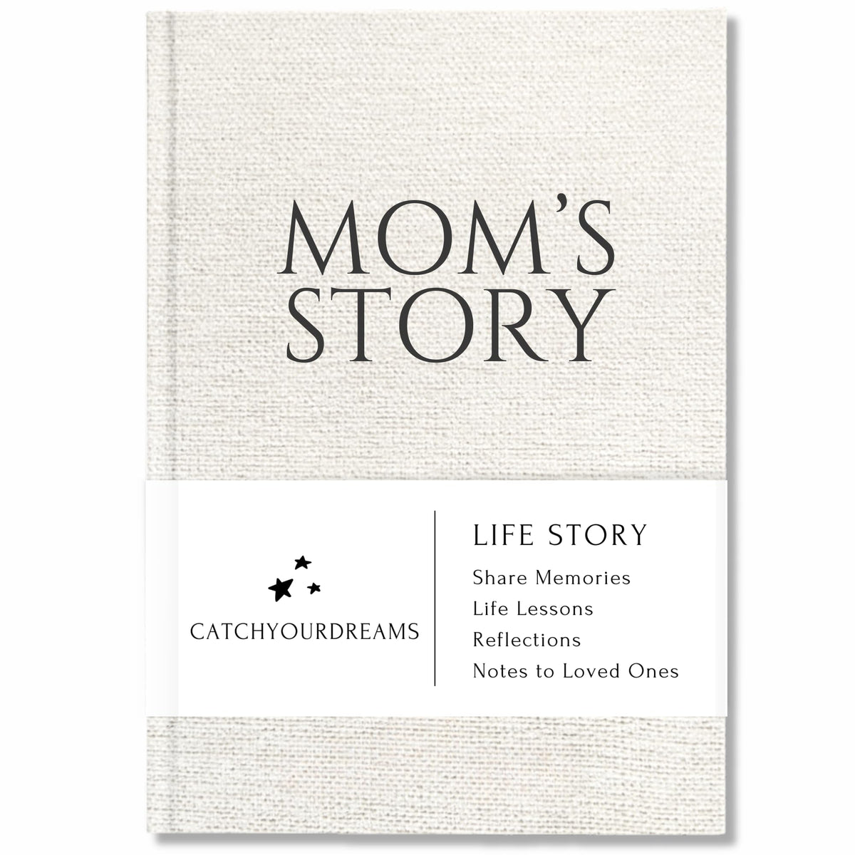 CATCHYOURDREAMS Mom's Story Journal cover close-up with linen texture—premium feel.