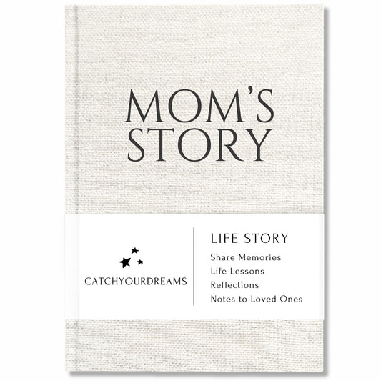 CATCHYOURDREAMS Mom's Story Journal cover close-up with linen texture—premium feel.