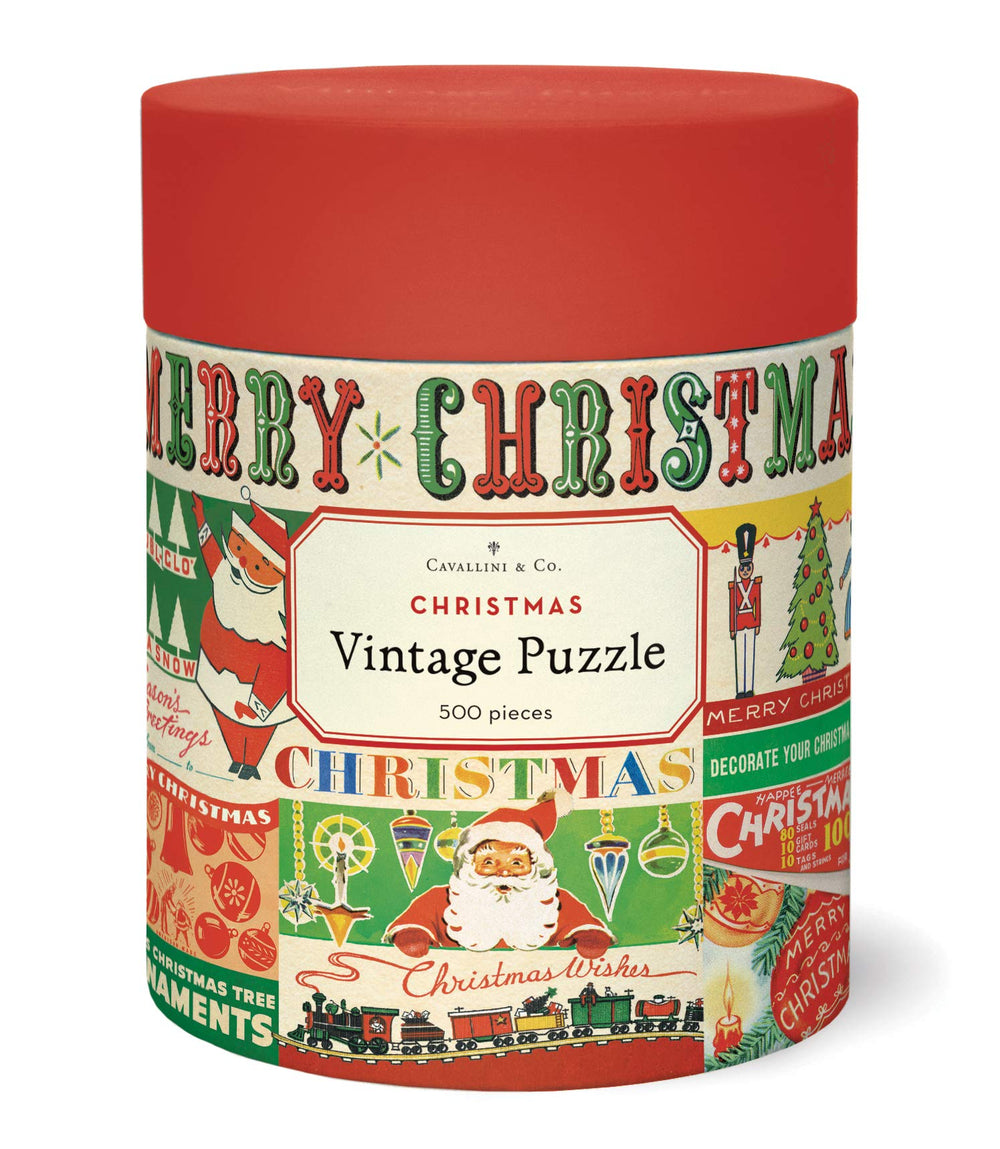 Cavallini 500-piece puzzle in a vintage Christmas tube for easy gifting.