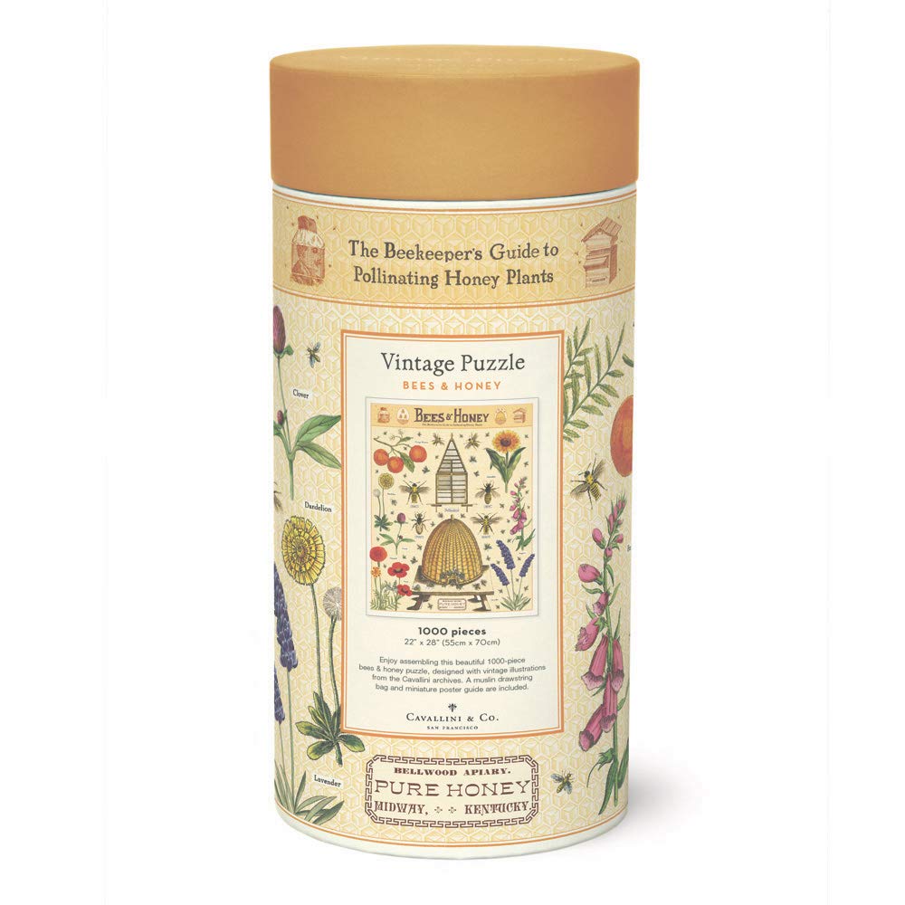 Cavallini Bees and Honey puzzle completed size 20 by 28 inches for wall-ready decoration.