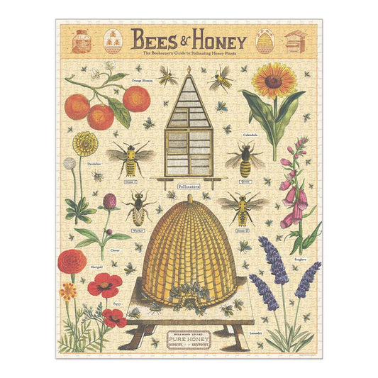 Cavallini Bees and Honey puzzle inside hand-sewn muslin bag for a premium reusable packaging experience.