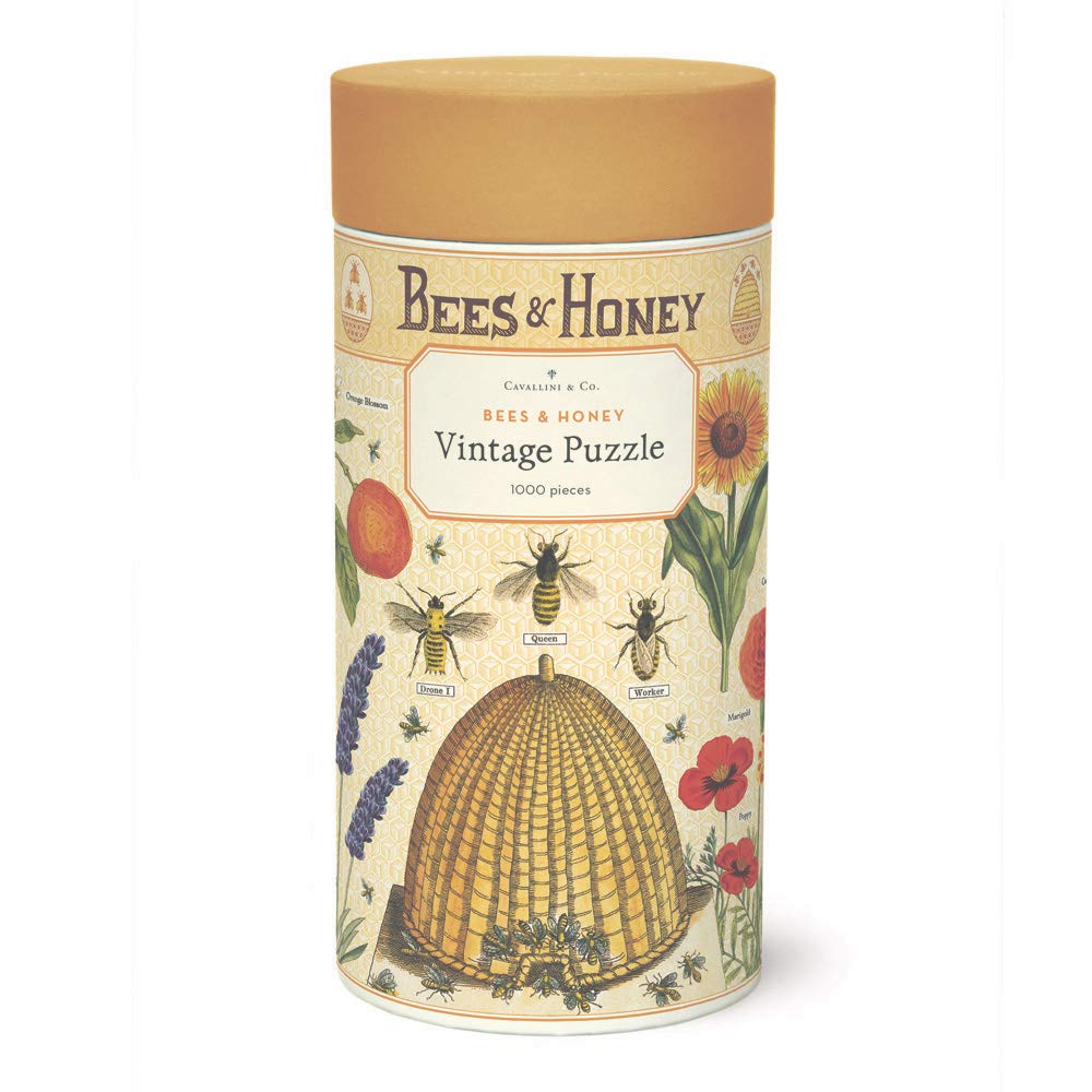 Cavallini Bees and Honey puzzle in vintage packaging tube, ideal for gifting and display.
