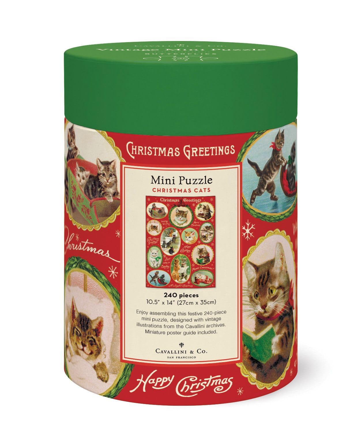 Cavallini & Co Christmas Cat puzzle tube packaging showing 240 pieces for family puzzle night, enjoyable moments