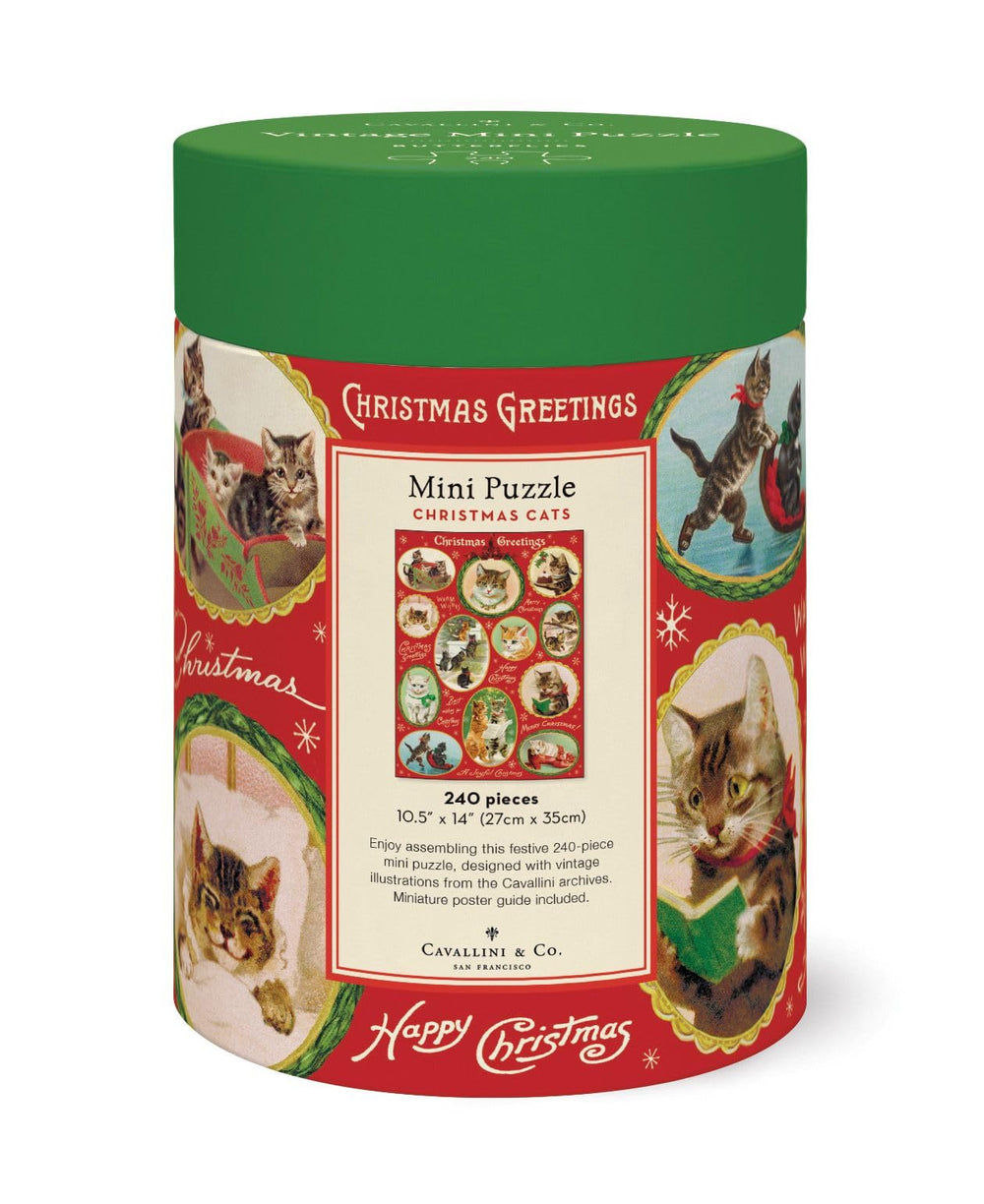 Cavallini & Co Christmas Cat puzzle tube packaging showing 240 pieces for family puzzle night, enjoyable moments
