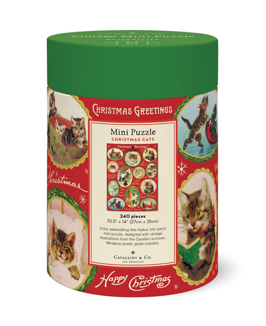 Cavallini & Co Christmas Cat puzzle tube packaging showing 240 pieces for family puzzle night, enjoyable moments