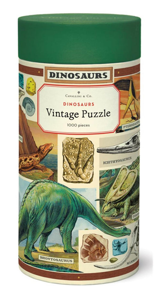 Cavallini & Co Flora Dinosaurs puzzle cover with vintage artwork for family puzzle night.
