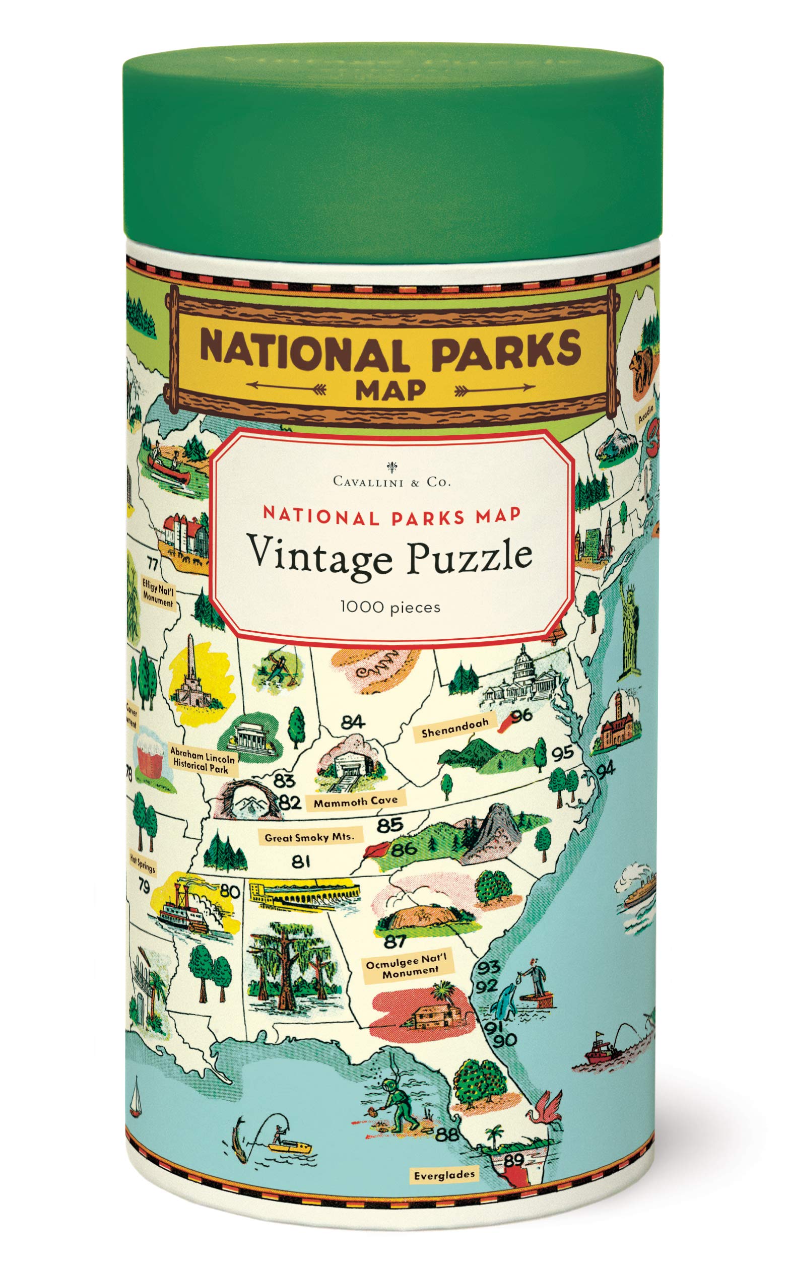 Cavallini Papers & Co. National Parks Map puzzle cover, vintage scenes for family fun.