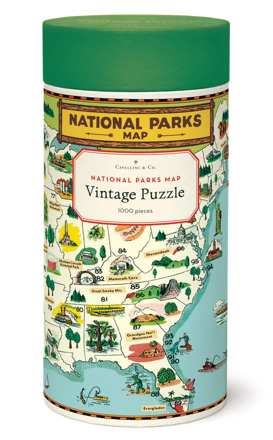 Cavallini Papers & Co. National Parks Map puzzle cover, vintage scenes for family fun.