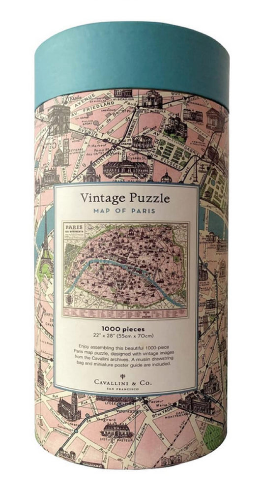 Sturdy tube packaging for Cavallini Paris Map 1,000-piece puzzle; gift-ready