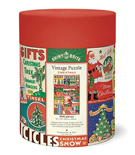 Cavallini vintage Christmas advertising design evokes nostalgic holiday scenes.