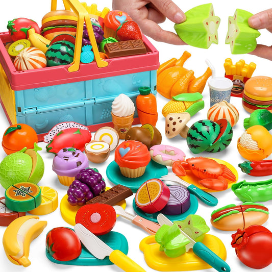 Cawiew cutting play food set with basket for safe pretend play and easy cleanup.