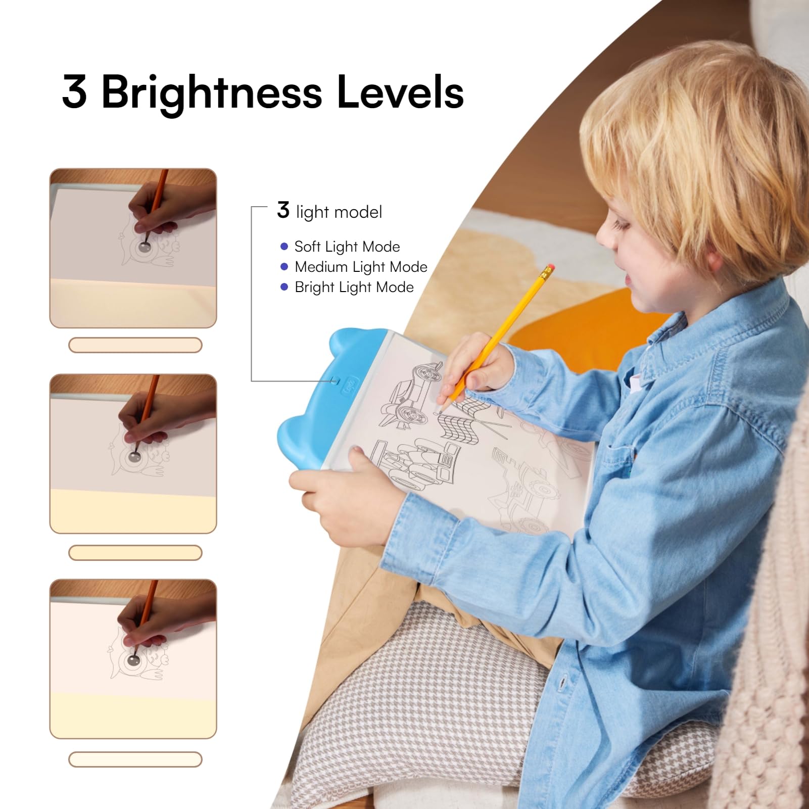 Caydo tracing pad brightness control showing three levels for tasks.