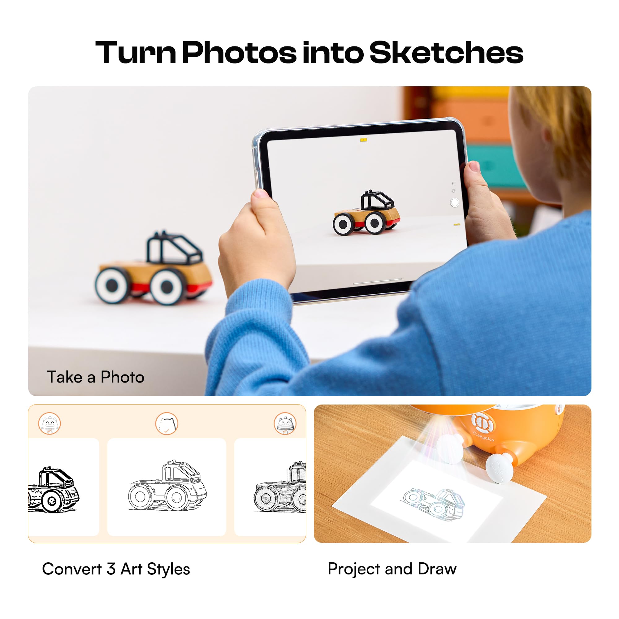 Kids turn photos into sketches with Caydo T3 for creative projects.
