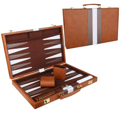 CAYOULR backgammon set with premium leather case, 15-inch size, ideal for travel.