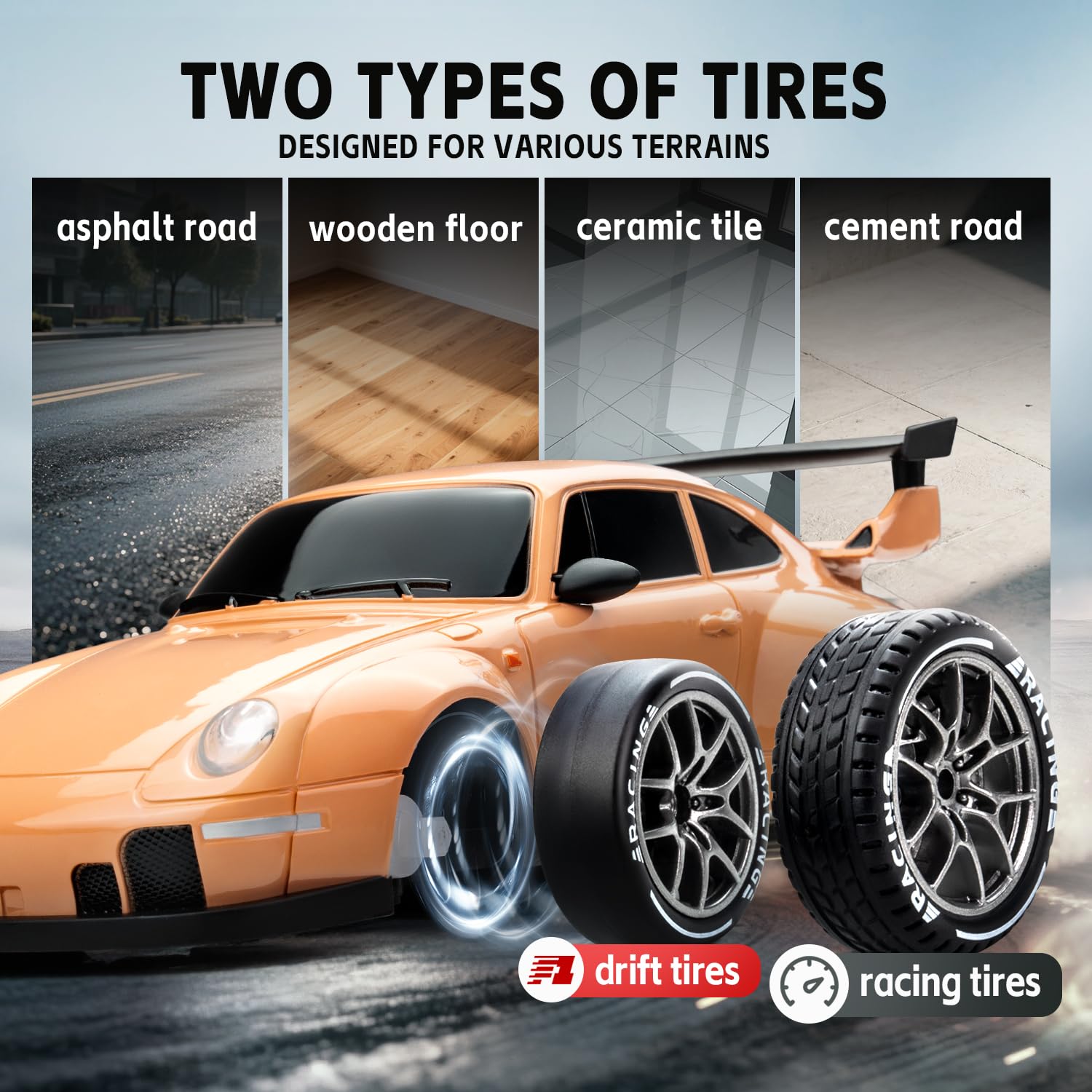 Cayrzeth RC drift car tires for drift and race modes for different surfaces.