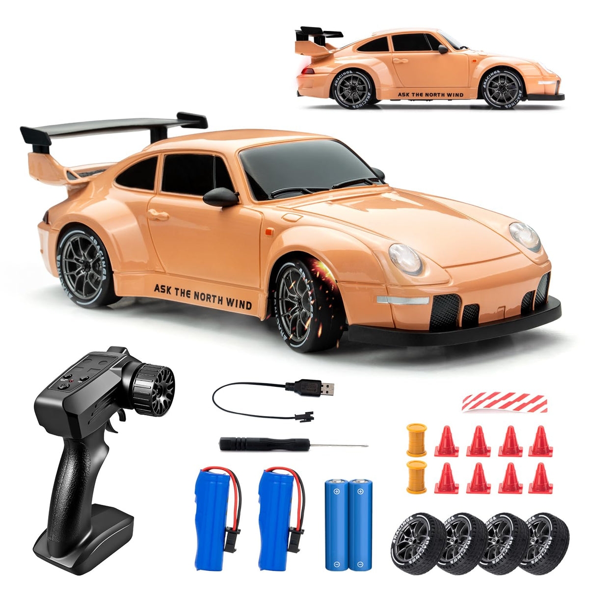 Cayrzeth RC drift car 1:24 front view with LED headlights for night visibility.
