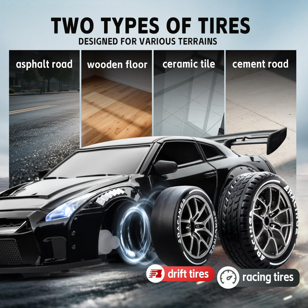 Cayrzeth RC drift car drift tires for controlled slides on smooth indoor surfaces.