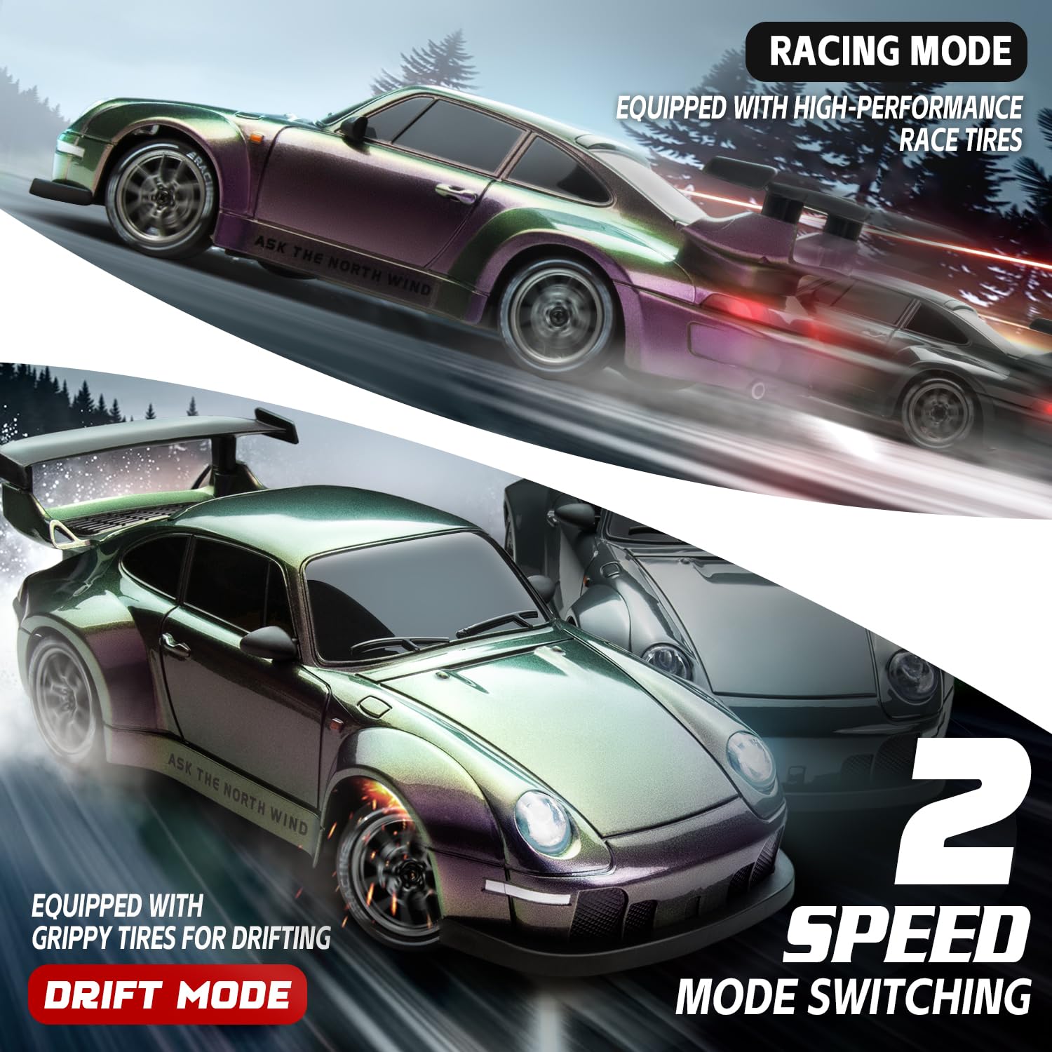 Cayrzeth RC drift car drifting tires mounted for smooth slides on indoor surfaces.