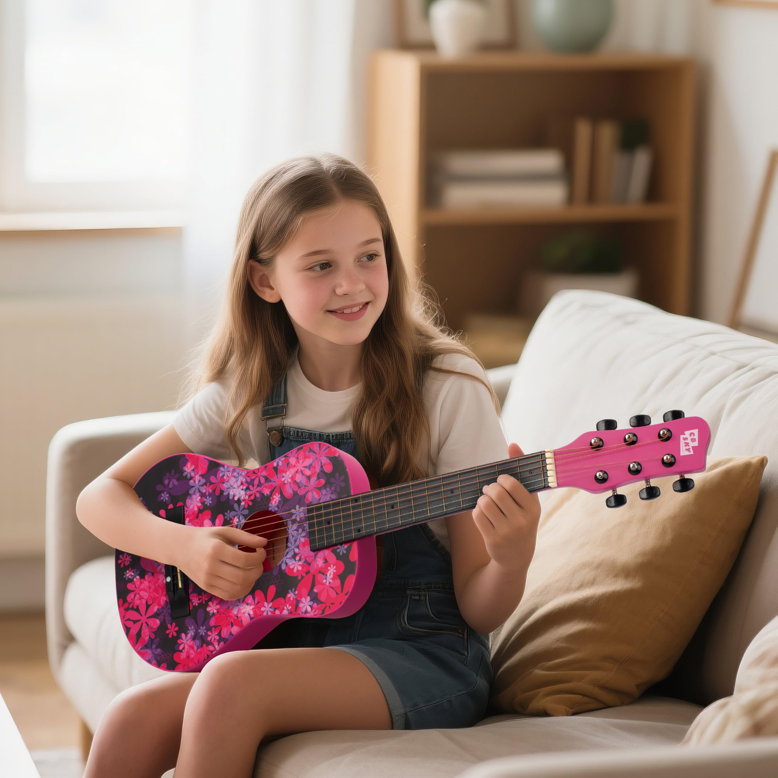 CB SKY 30-inch floral print acoustic guitar close-up, vibrant design inspires musical exploration