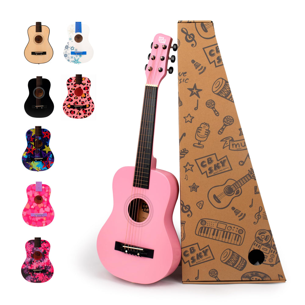 CB SKY 30-inch pink wooden guitar front view—beginner-friendly for kids.