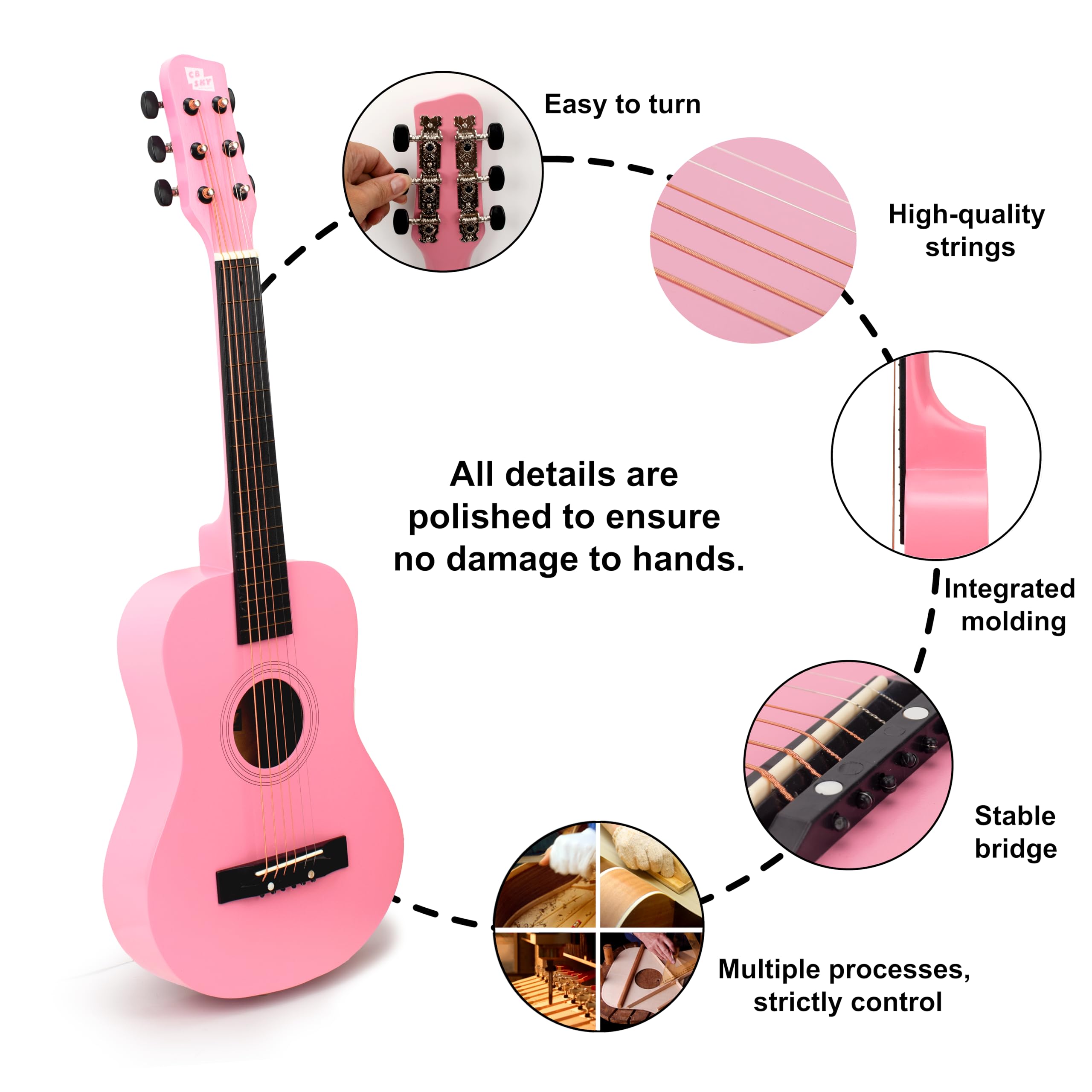 CB SKY pink guitar neck close-up—accurate fretting aids light play.
