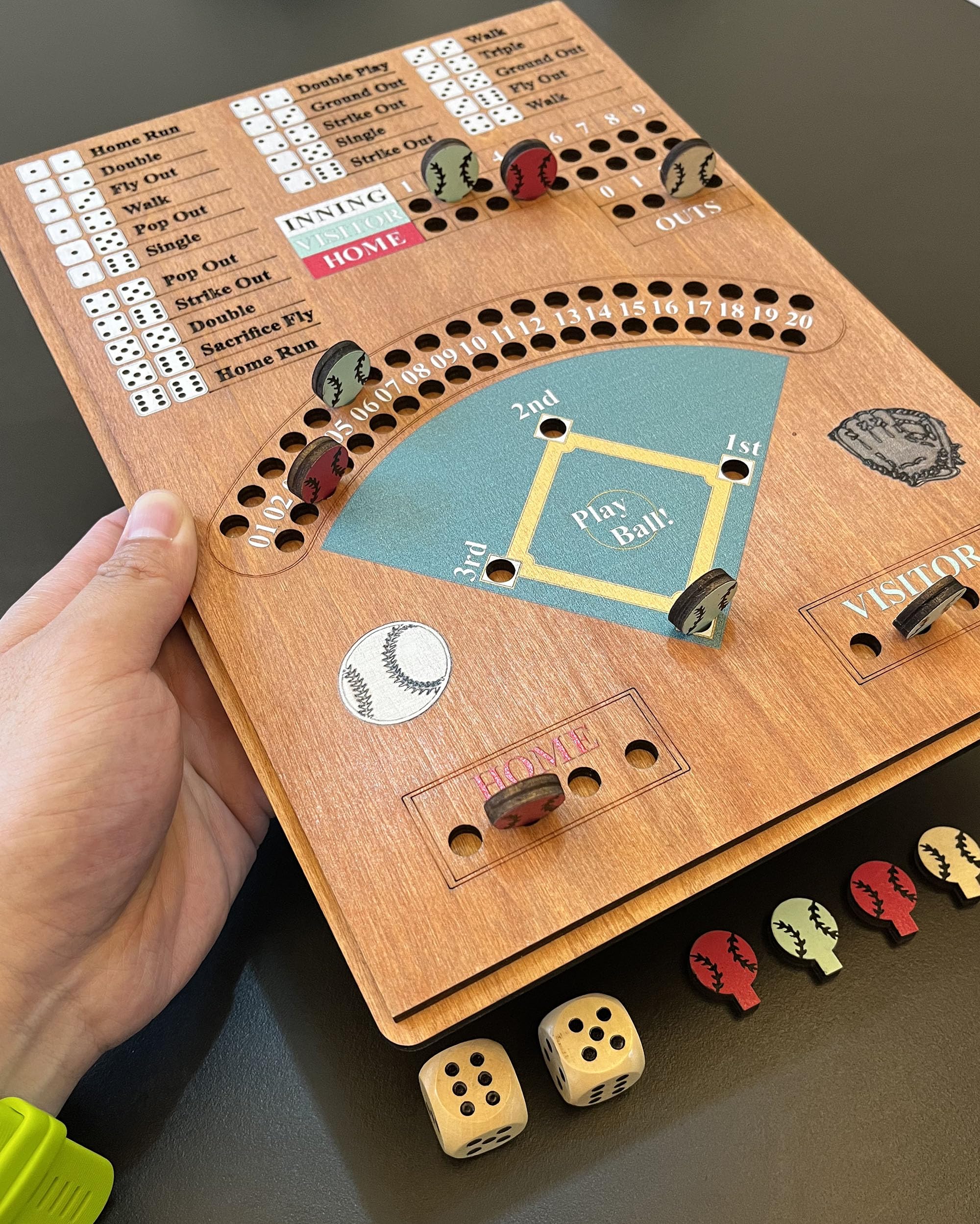 CBLKUS wooden baseball pieces and dice laid out for quick learning and setup