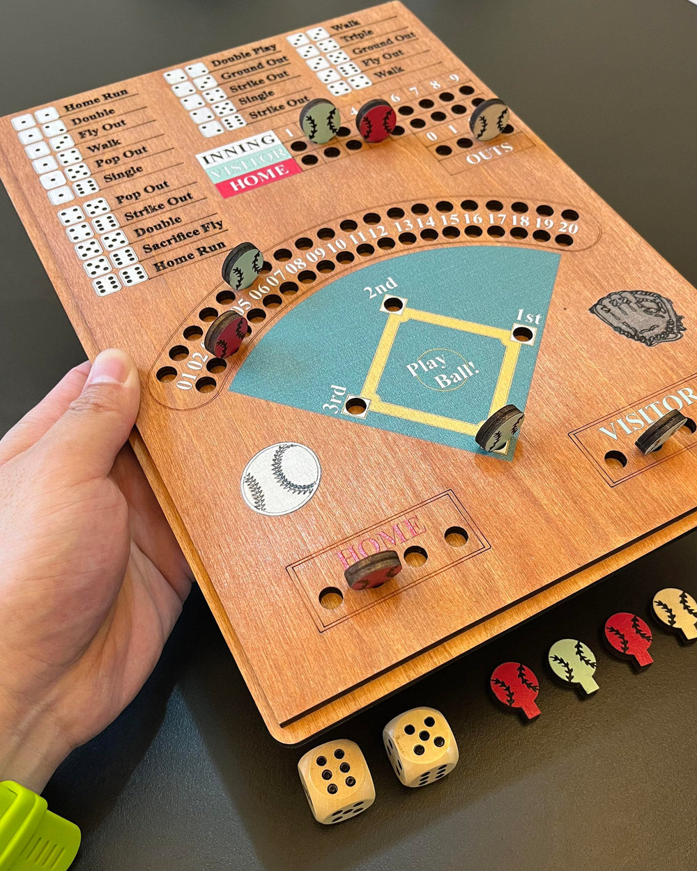 CBLKUS wooden baseball pieces and dice laid out for quick learning and setup