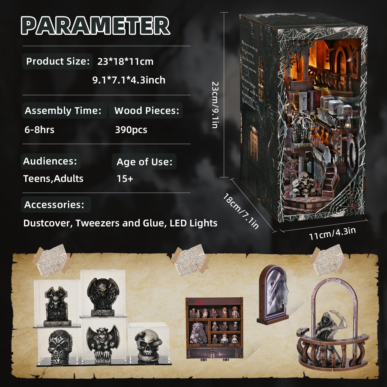 Detailed interior of CCCDF Book Nook Kit Haunting Relics showing customizable shelves