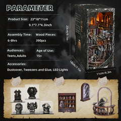 Detailed interior of CCCDF Book Nook Kit Haunting Relics showing customizable shelves