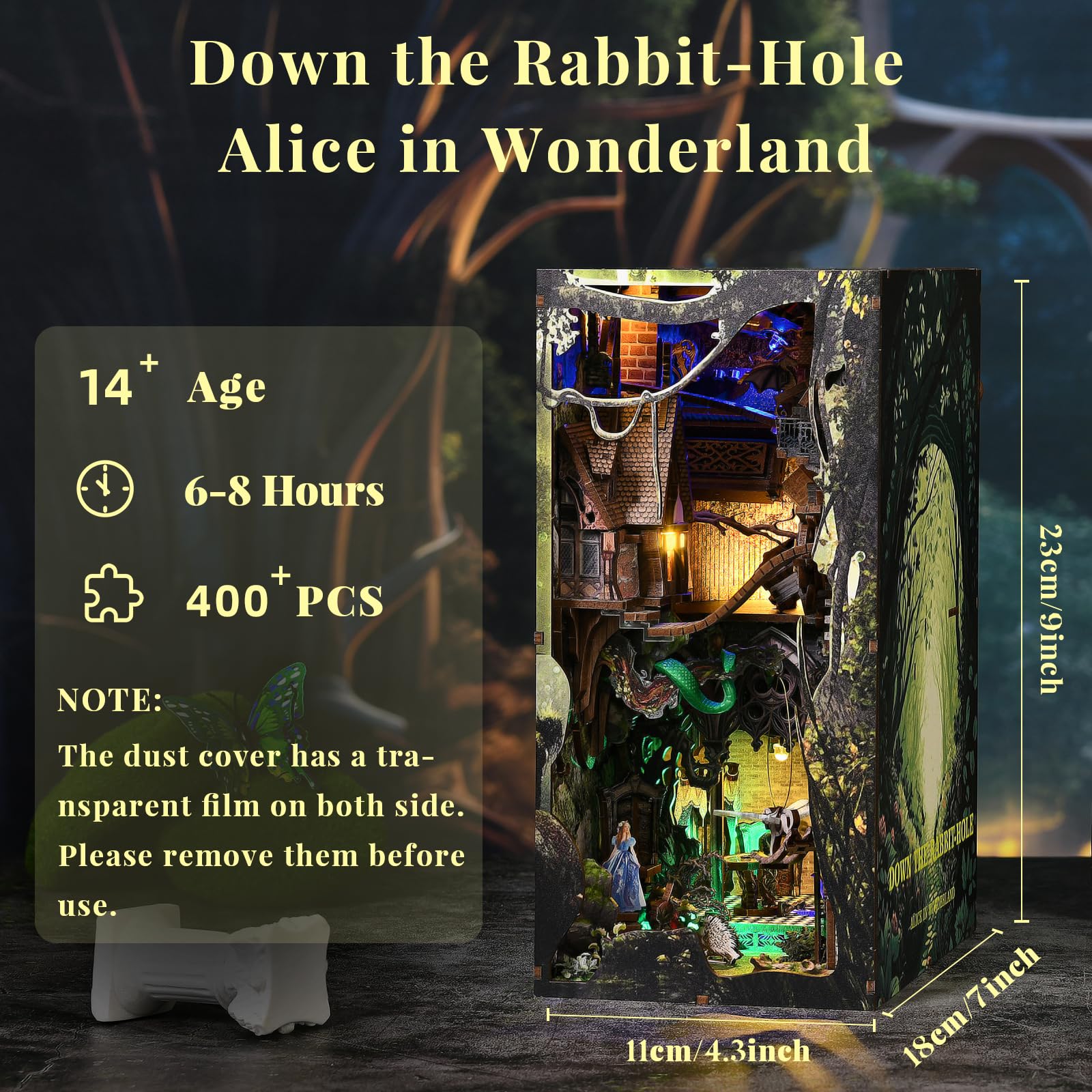 CCCDF Book Nook Kit LED lighting highlights the miniature scene at night