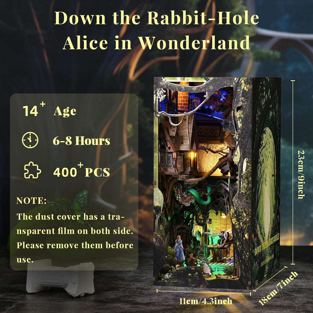 CCCDF Book Nook Kit LED lighting highlights the miniature scene at night