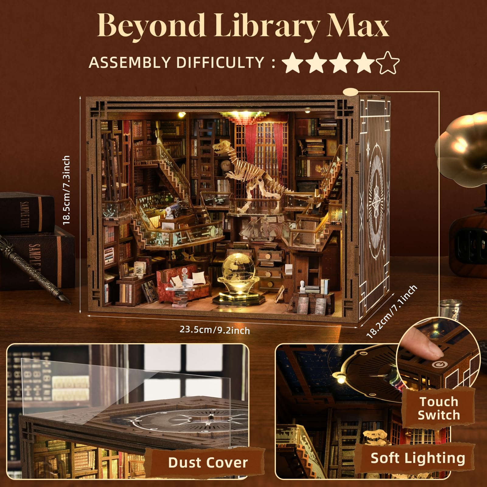 CCCDF book nook kit with LED light glowing softly for ambience.