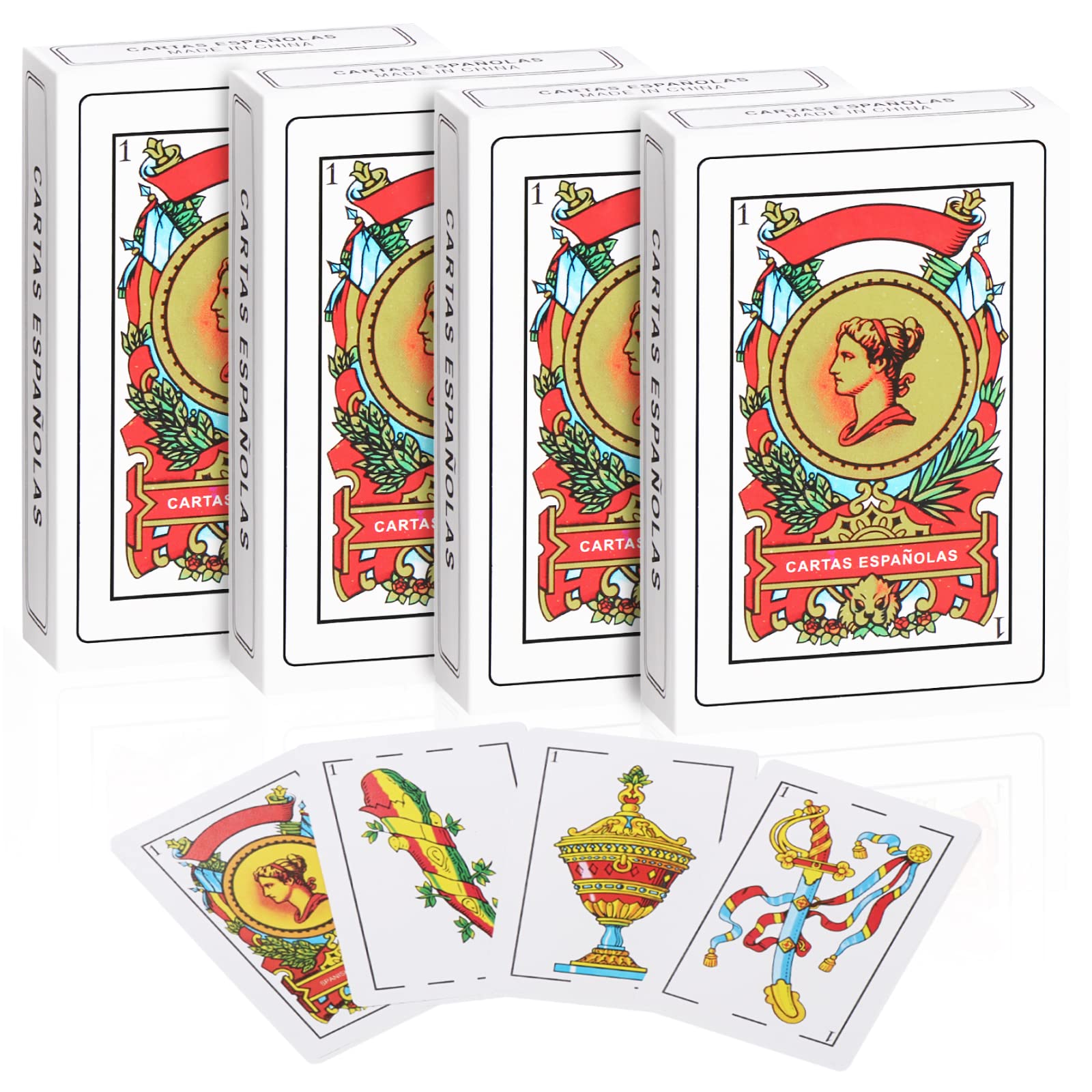 CDBXRA four-deck Spanish playing cards on the front of the pack for quick setup.