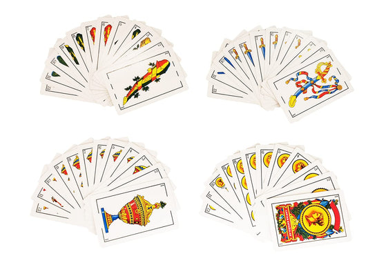 CDBXRA Spanish playing cards four-deck set held in hand for easy dealing.
