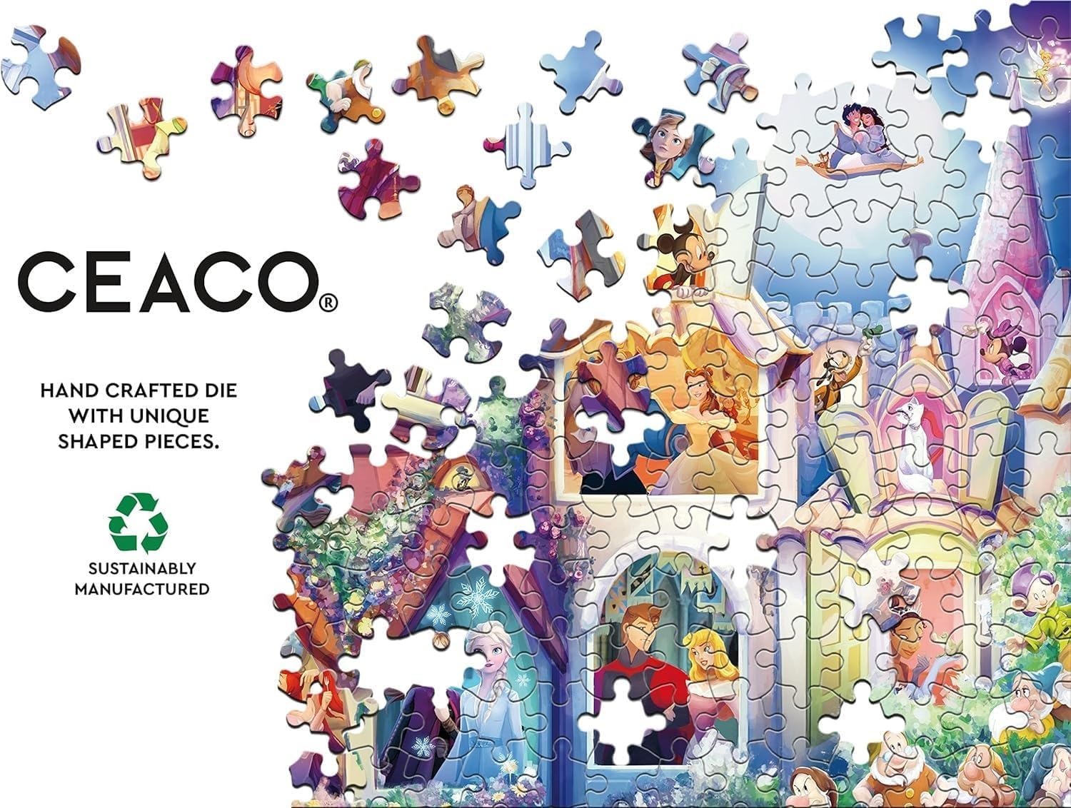 Ceaco Disney Princess Castle completed puzzle image illustrates the 38 x 26 inch final display