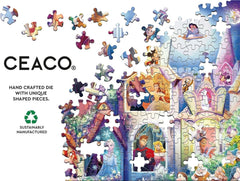 Ceaco Disney Princess Castle completed puzzle image illustrates the 38 x 26 inch final display