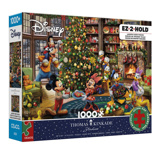 Ceaco Thomas Kinkade Mickey and Minnie trimming the tree puzzle box for family evenings.