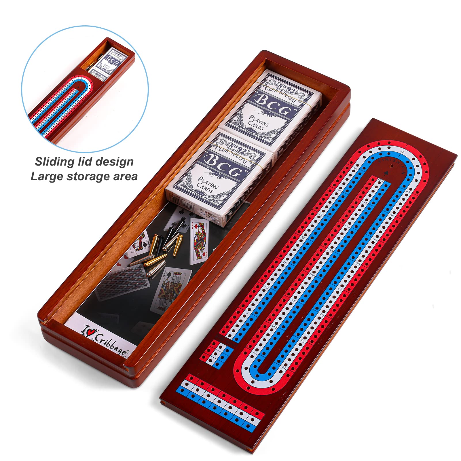 Ceebyfa cribbage board with closed storage compartment for secure travel and quick setup.