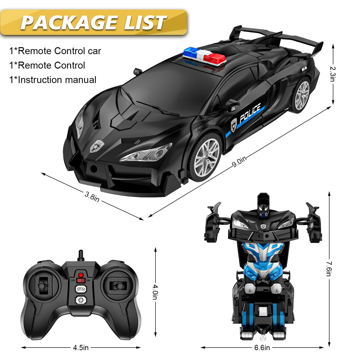 CEGOUFUN RC Transform Car with LED headlights for night play.