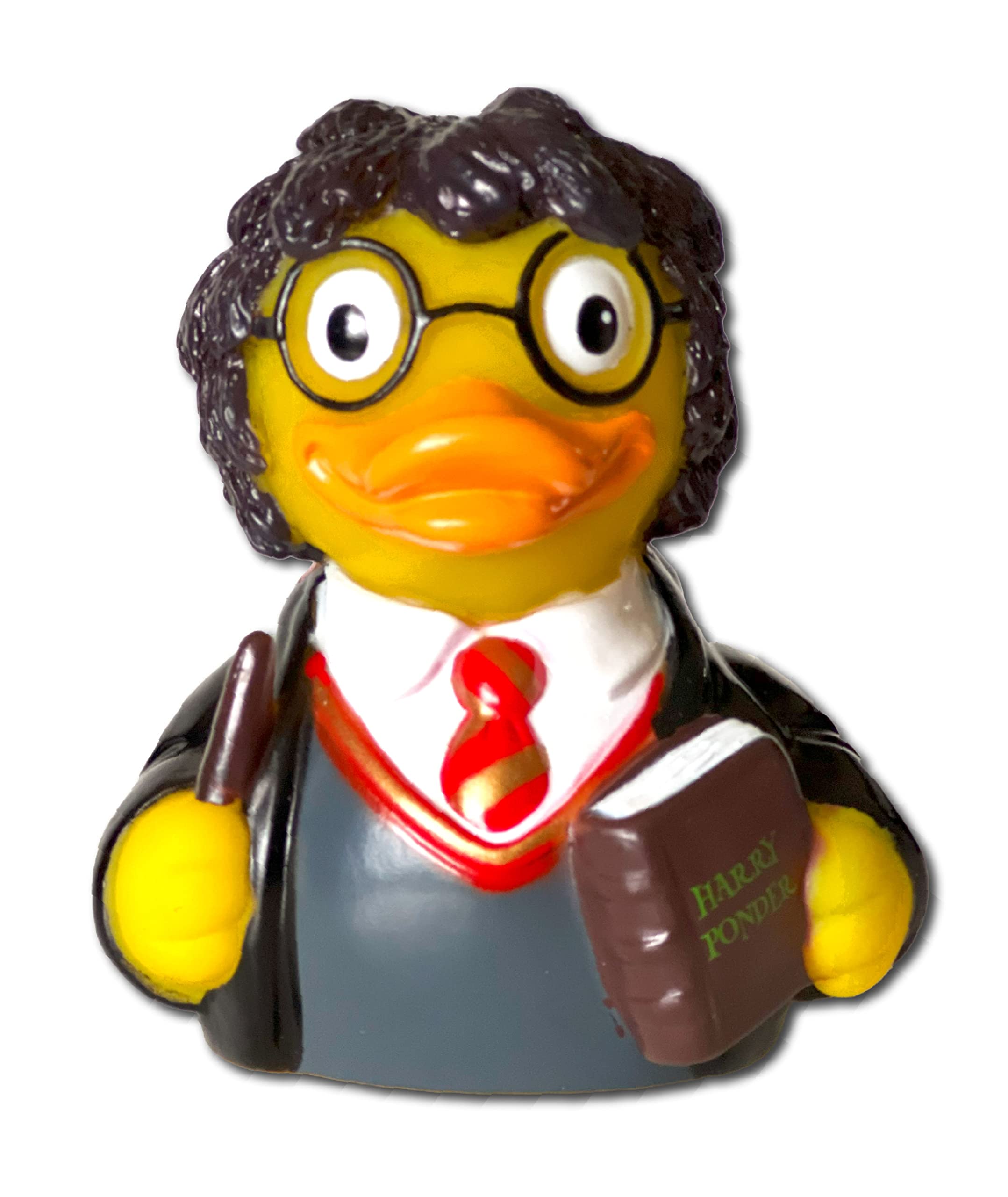 Display-ready CelebriDucks figure brightens a bathroom shelf.