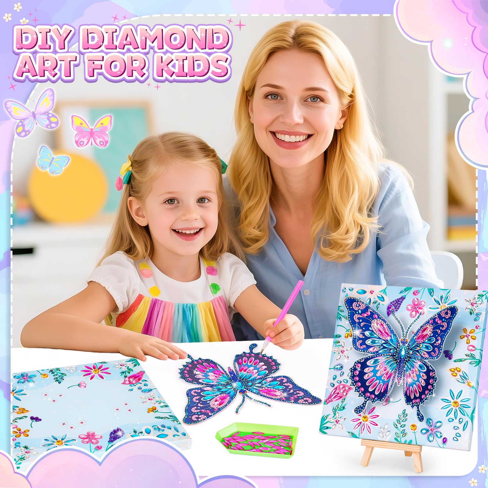 Celecstan solid wood frame showcases finished butterfly diamond art