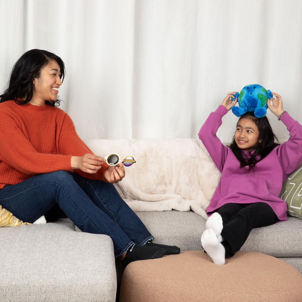 Celestial Buddies Little Earth Buddy educational tag with orbit and age facts.