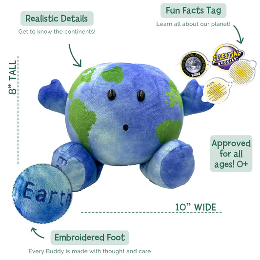 Celestial Buddies Little Earth Buddy embroidered features depict Earth's continents for tactile learning.