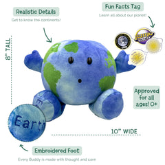 Celestial Buddies Little Earth Buddy embroidered features depict Earth's continents for tactile learning.