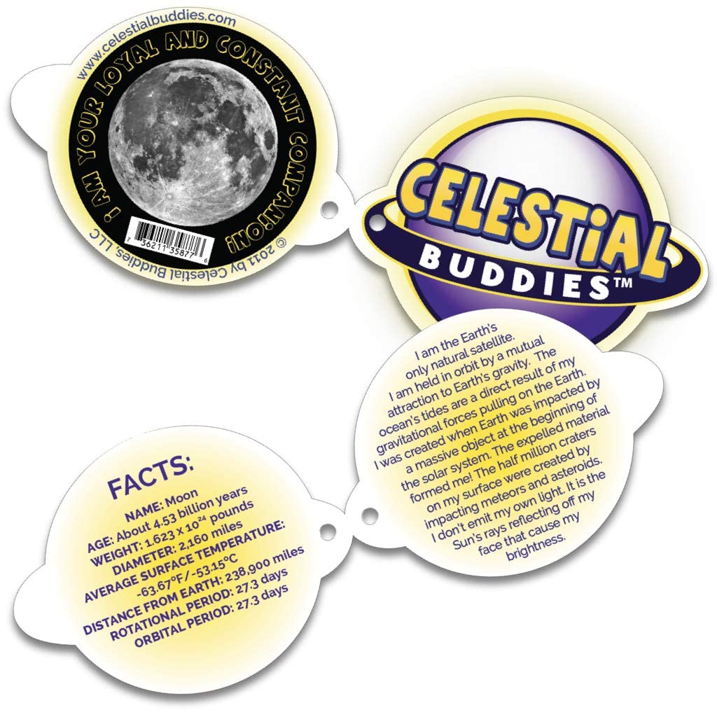 Celestial Buddies Moon Buddy educational tag with Moon facts for learning at home and class.