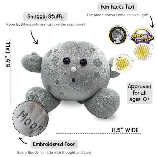 Celestial Buddies Moon Buddy embroidered crater details give a realistic lunar look.